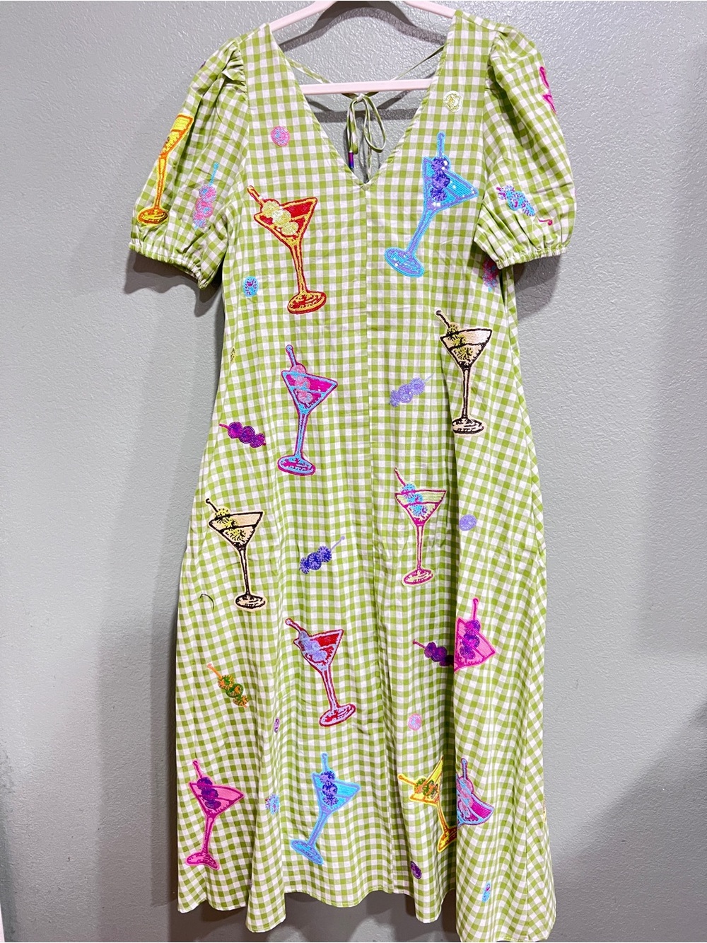 New QOS Green & White Multi Martini Colorblock Gingham Dress